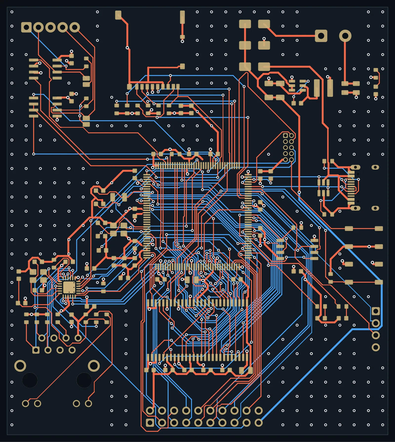 STM32H7 control board routed by fastroute: top layer tracks in orange, bottom layer in blue